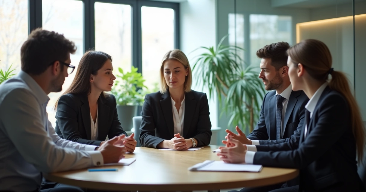 Grupo de pessoas em reunião de trabalho olhando nos olhos uns dos outros, expressando honestidade e respeito. 