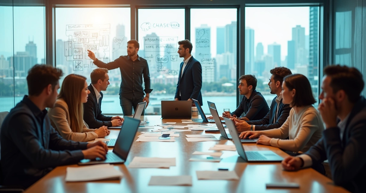 Jovens em reunião de trabalho com laptops e papéis
