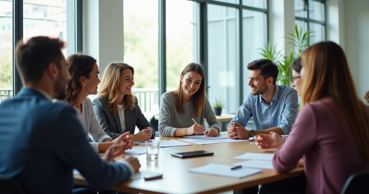 Pessoas sentadas em volta de uma mesa de reunião discutindo de maneira aberta e respeitosa. 