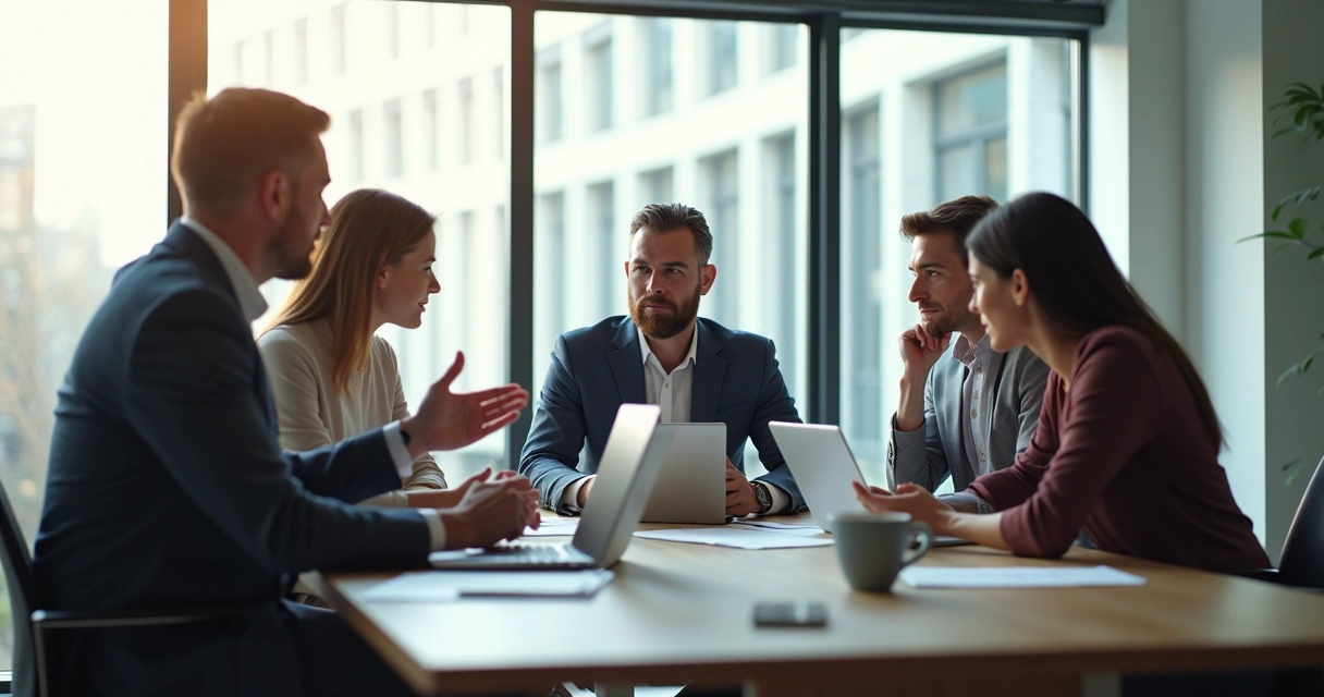 Equipe reunida em volta de uma mesa de escritório discutindo projetos, papéis, laptops e café sobre a mesa