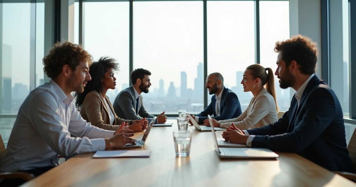 Equipe em reunião de trabalho focada e atenta ao redor de uma mesa de reunião 