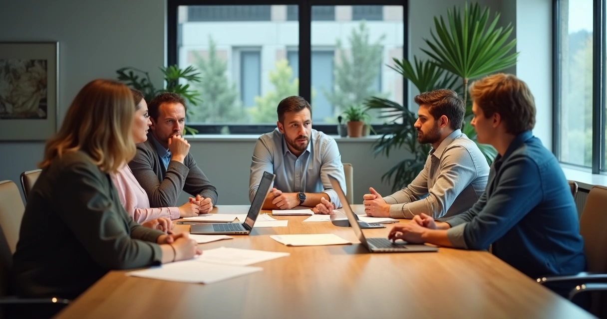 Colegas de trabalho em reunião, expressando diferentes reações em uma mesa de escritório 