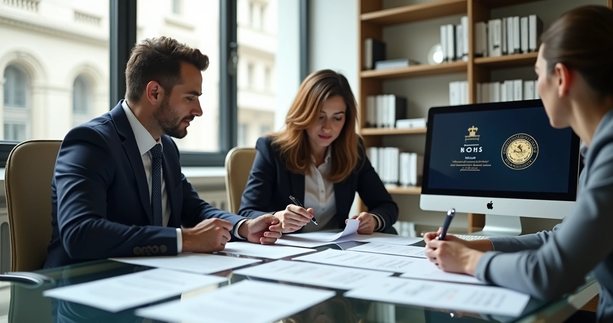 Reunião de tradutores juramentados avaliando documentos e certificados oficiais. 