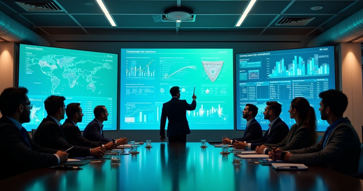 Equipe empresarial em reunião analisando dados digitais em telas grandes 