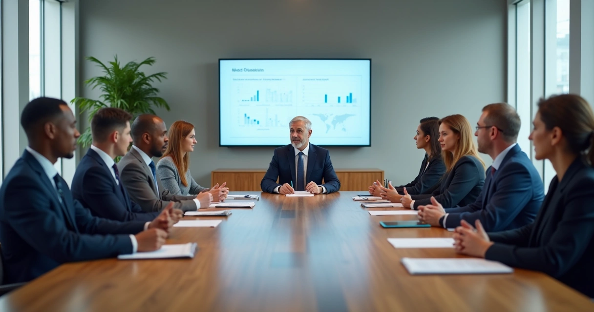 Reunião de transição de liderança com equipe e documentos estratégicos 