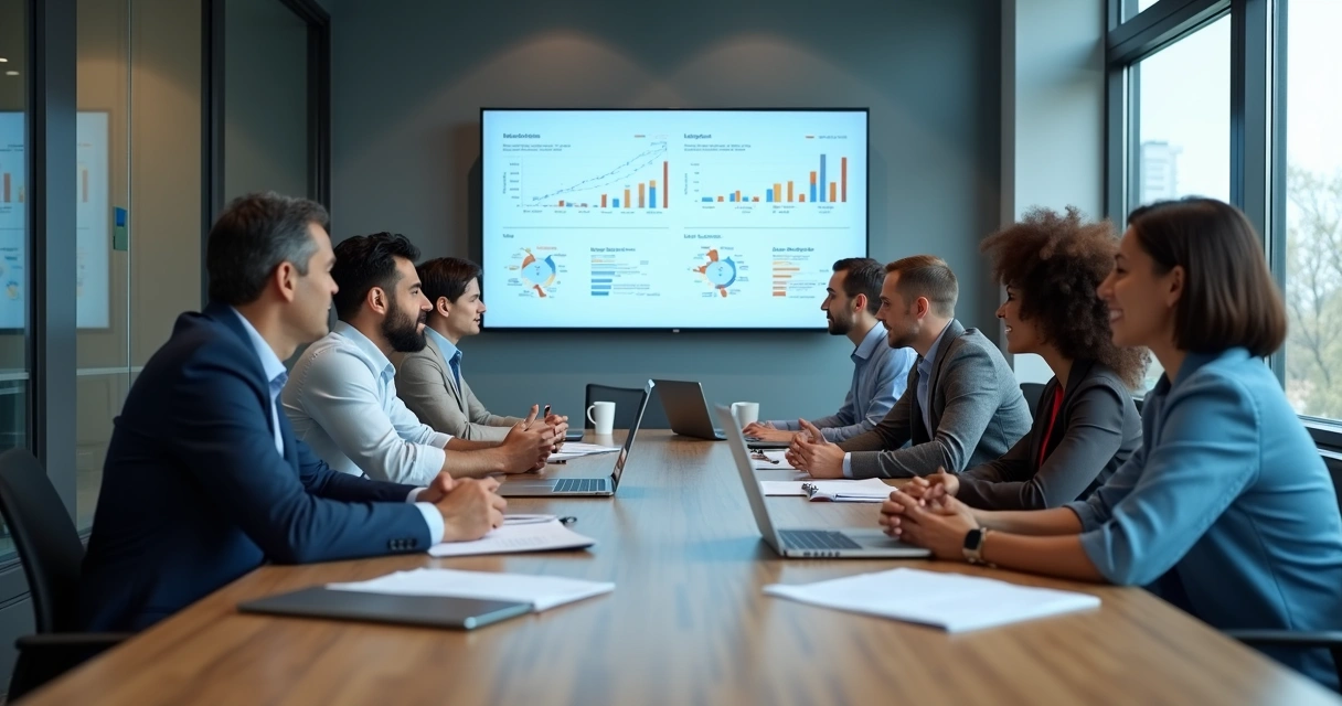 Equipe em reunião com dados claros na tela