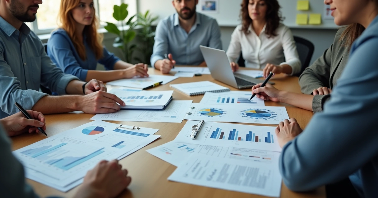 Equipe revisando planilhas e relatórios em reunião