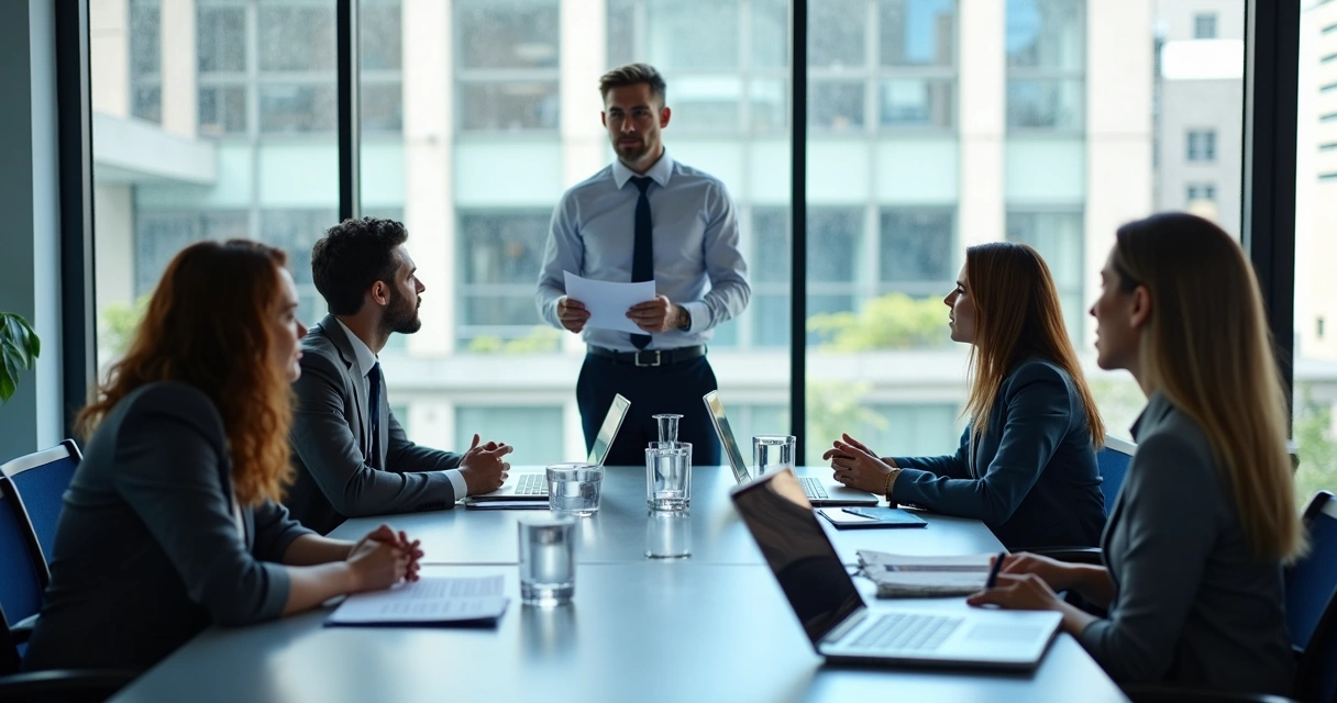 Liderança reunida com equipe em conversa transparente no escritório