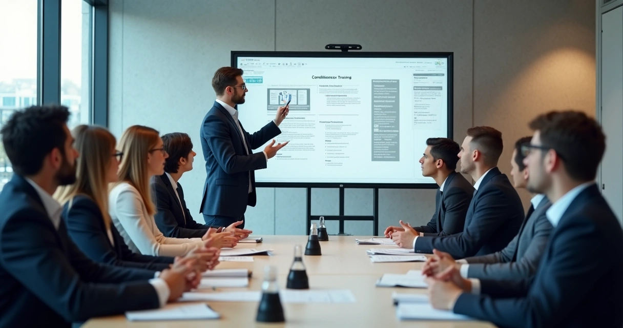 Reunião de colaboradores em treinamento sobre compliance 