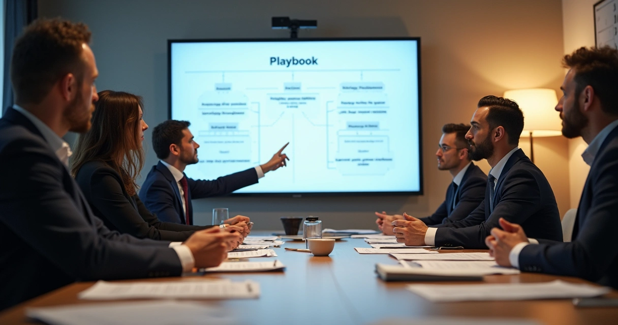 Reunião de treinamento de equipe comercial com telas e papéis visualizando playbook 