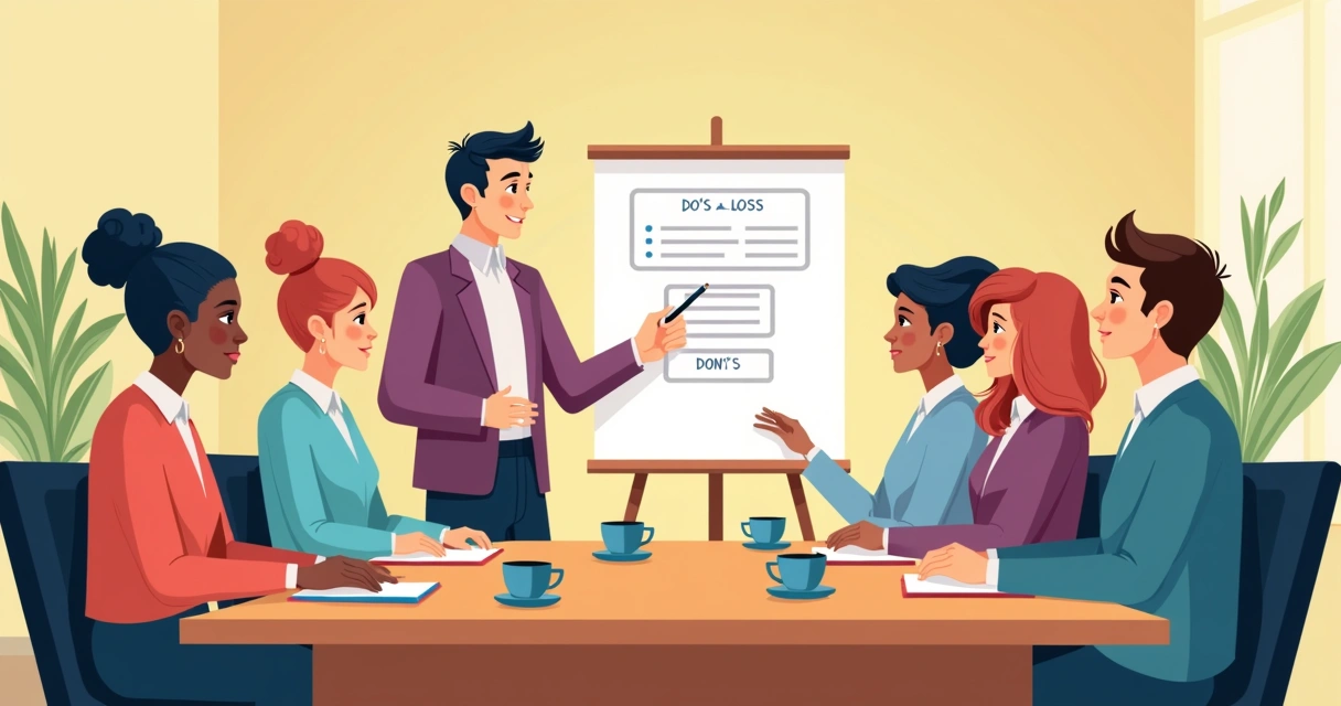 Sala de reunião com equipe treinando boas práticas de comunicação pública