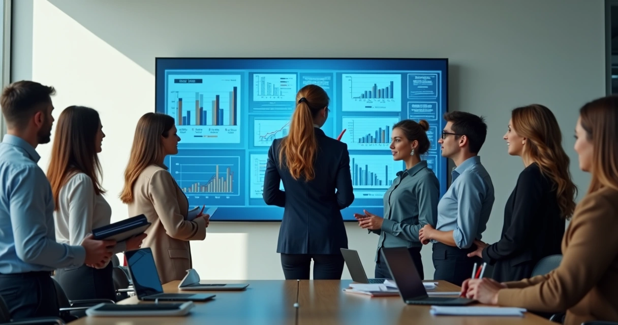 Equipe reunida em ambiente moderno de trabalho, atentos a uma apresentação digital 