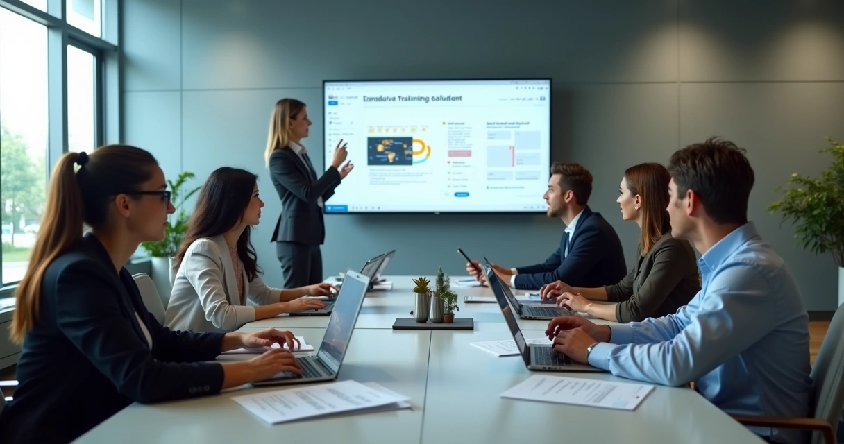 Equipe de treinamento reunida em uma sala de reunião empresarial