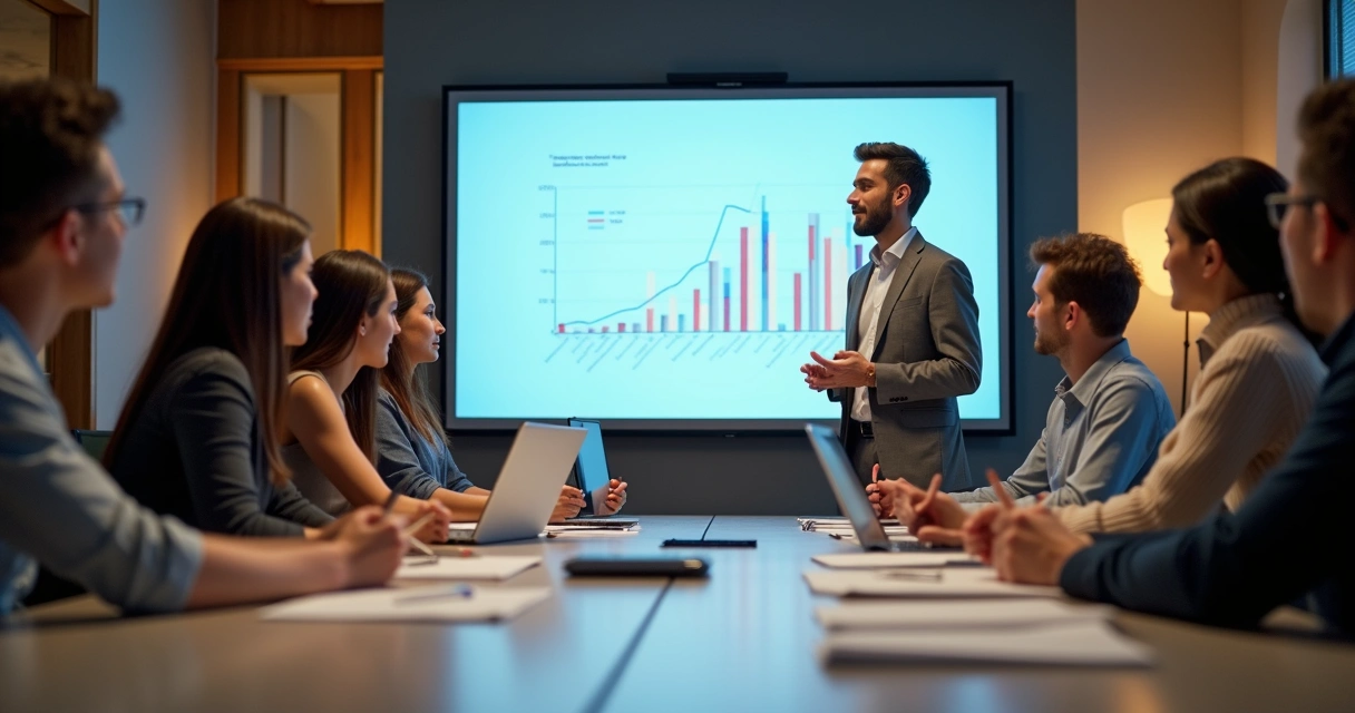 Equipe reunida em sala de reunião para treinamento corporativo 
