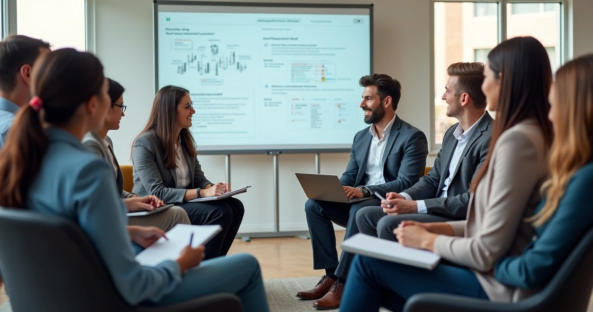 Equipe de pessoas sentadas em círculo em sala de reunião, com quadro branco ao fundo. 