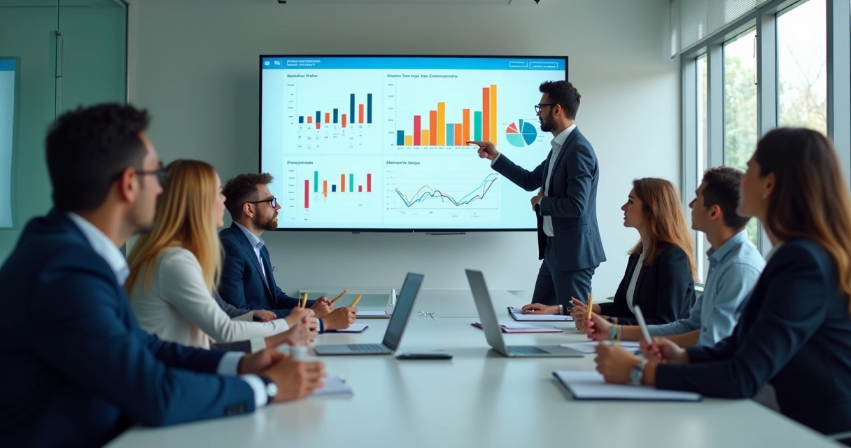 Equipe financeira em treinamento na frente de uma tela com gráficos 