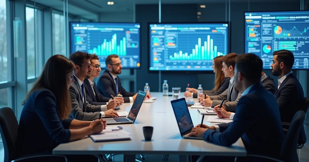 Equipe de treinamento reunida em sala de reunião com computadores e gráficos de ERP