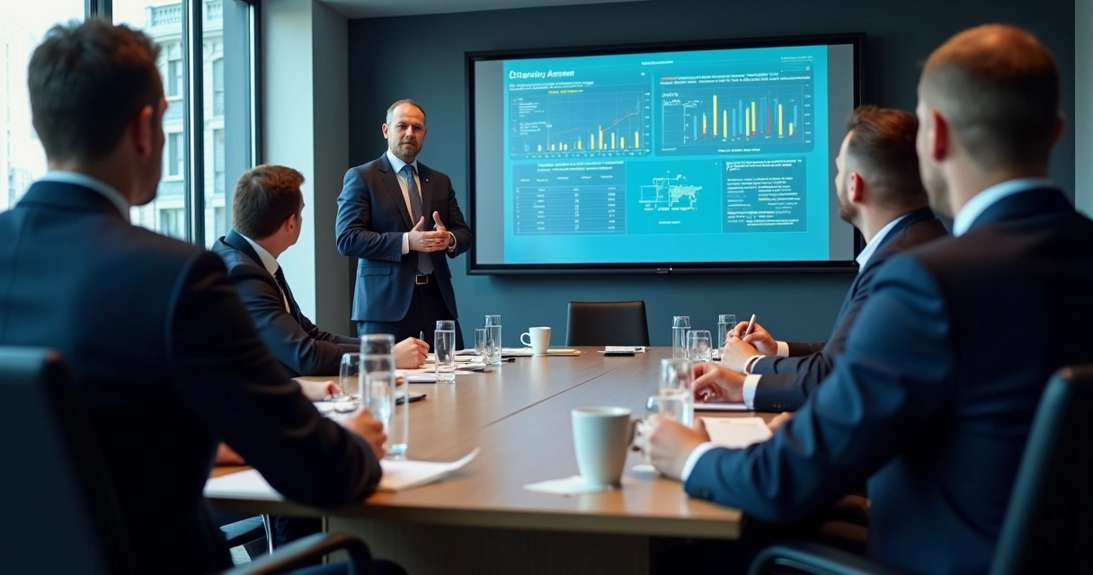 Treinamento de equipe financeira em sala de reunião 