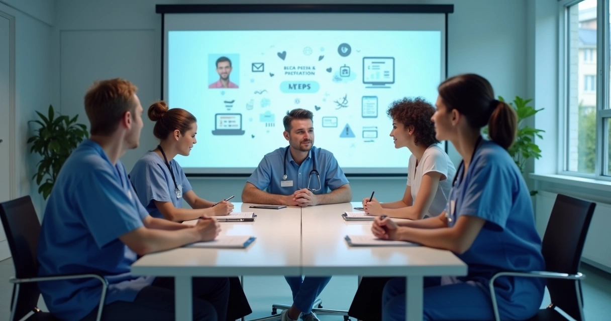 Equipe de clínica médica em reunião sobre LGPD