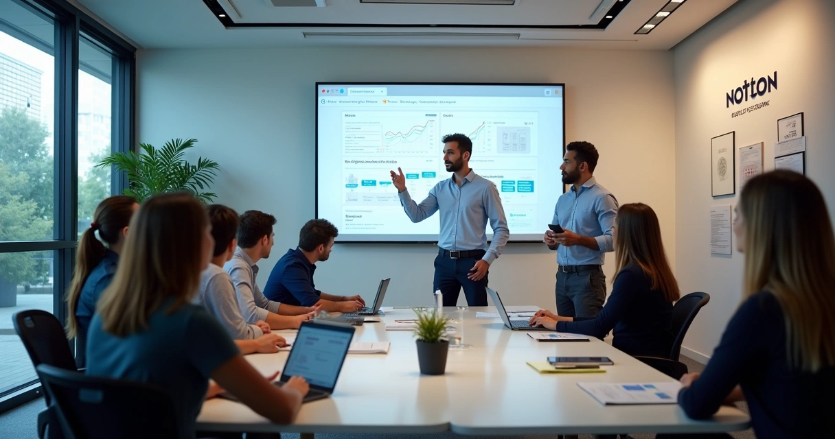 Treinamento presencial de Notion para equipe em ambiente corporativo brasileiro