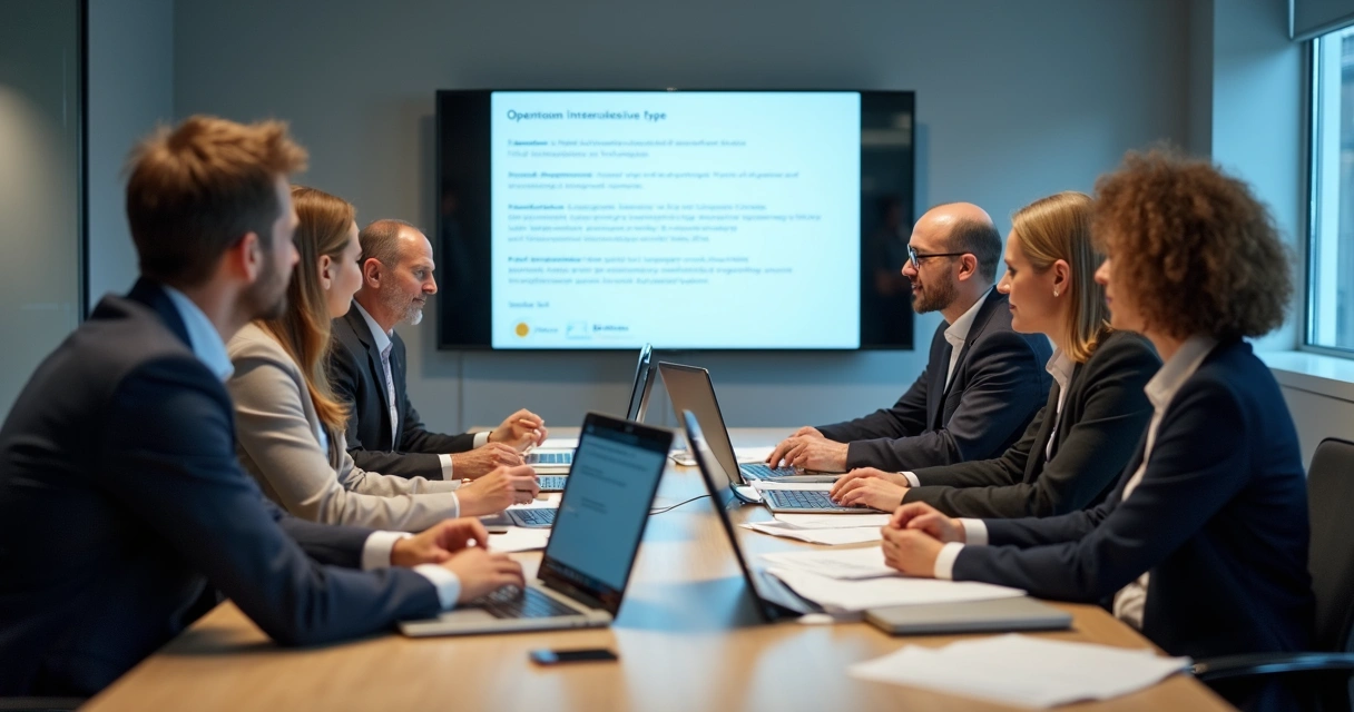 Profissionais de TI e advogados reunidos em sala de reunião, analisando documentos de licenças open source juntos