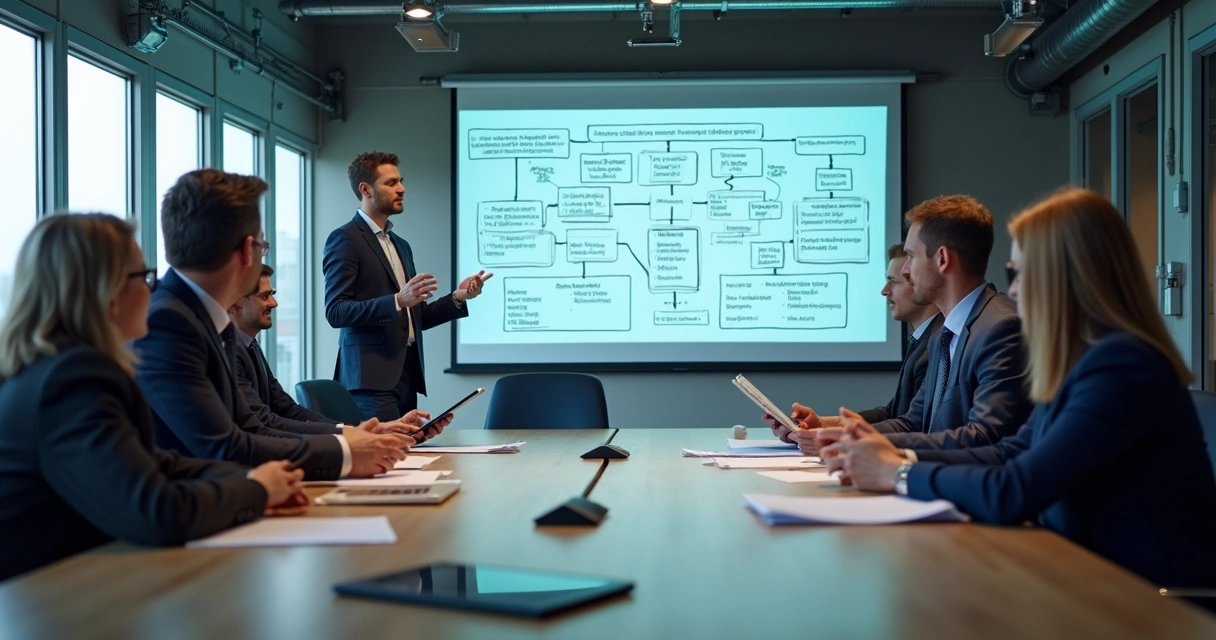Reunião de treinamento de equipe operacional em ambiente industrial, todos atentos a uma tela de projeção de fluxo de processos 