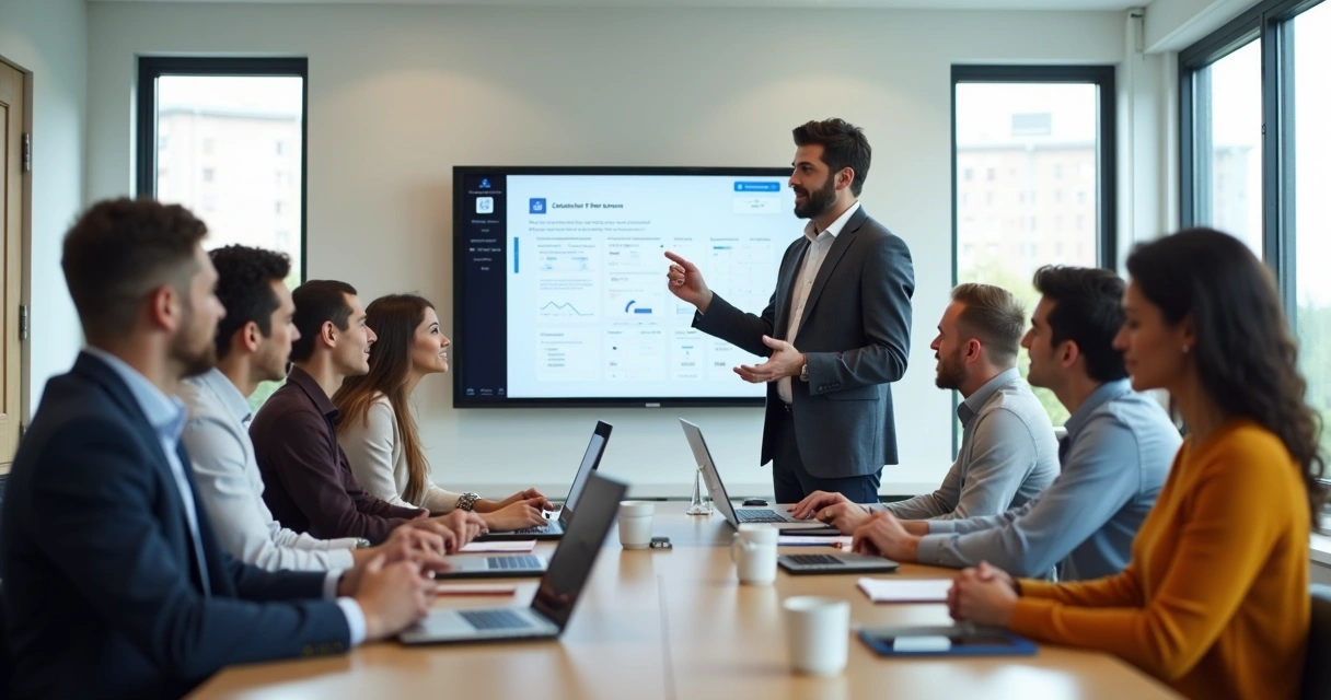 Grupo em reunião treinando técnicas de vendas digitais 
