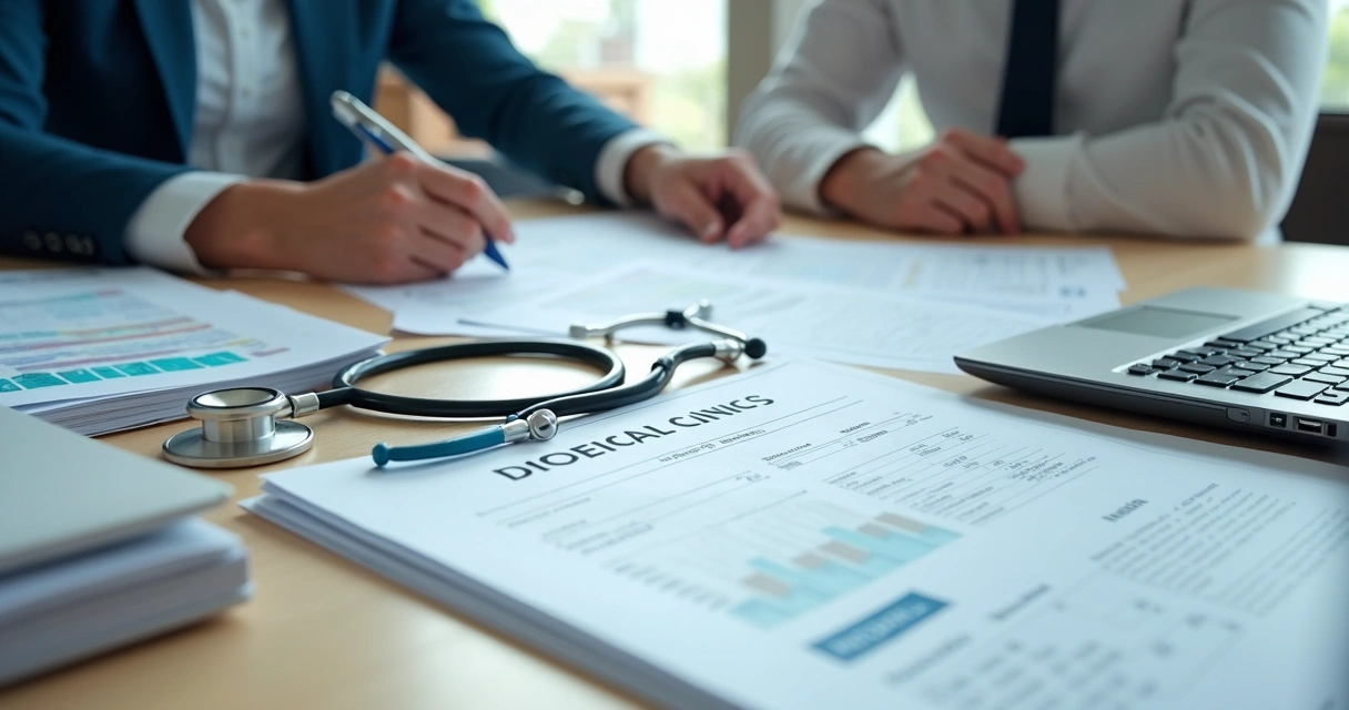 Reunião com documentos tributários de clínica médica 