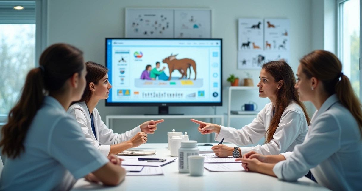 Reunião em clínica veterinária discutindo documentos fiscais 