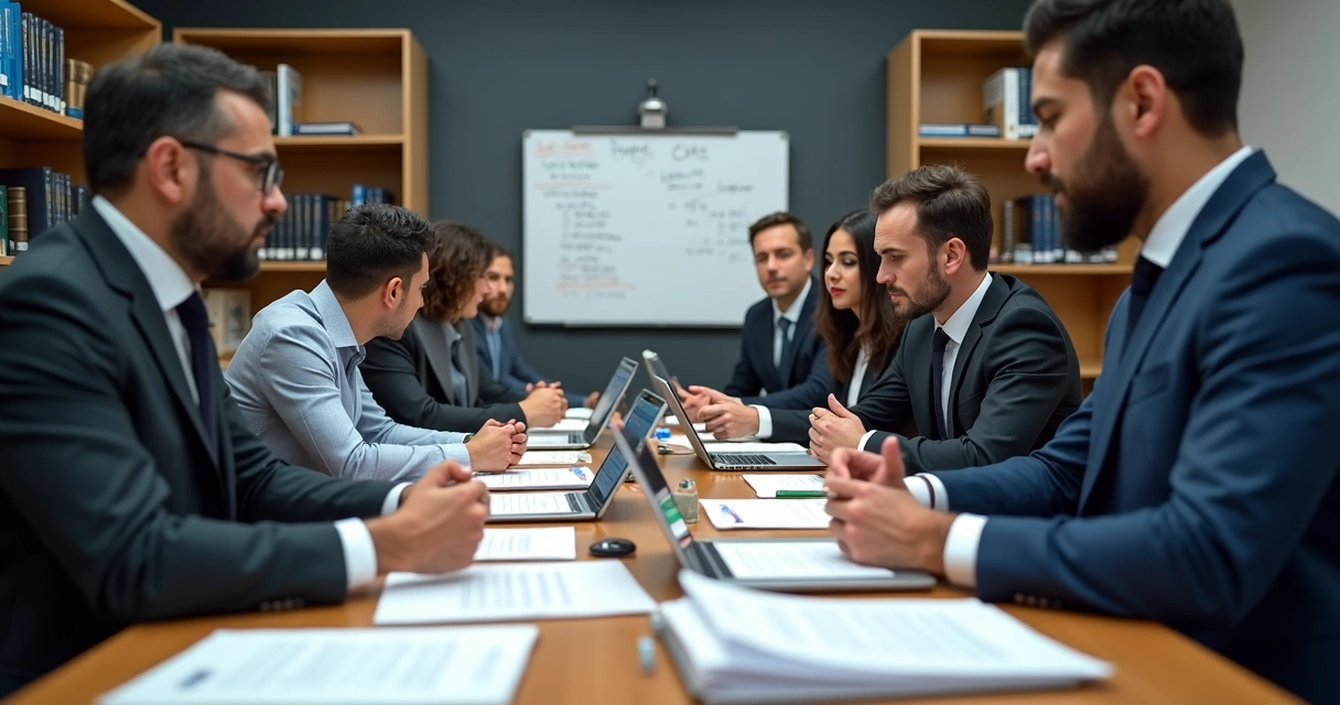 Reunião de tributaristas discutindo cálculos e legislações 