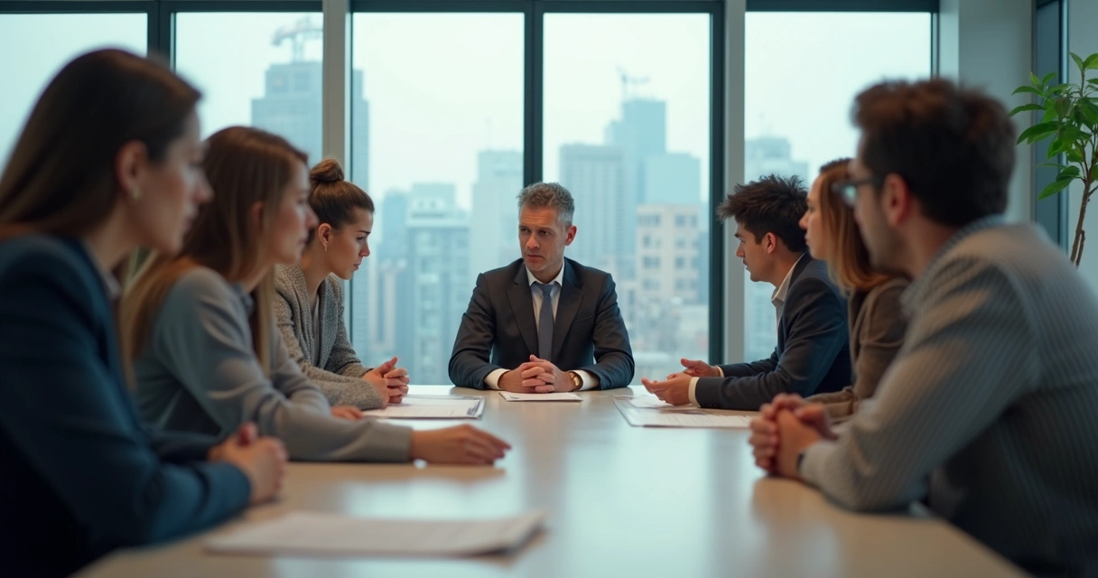 Equipe de trabalho reunida, expressando tristeza e seriedade