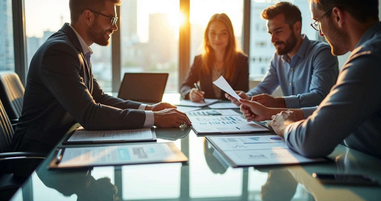 Reunião de empresários e contador revisando documentos contábeis