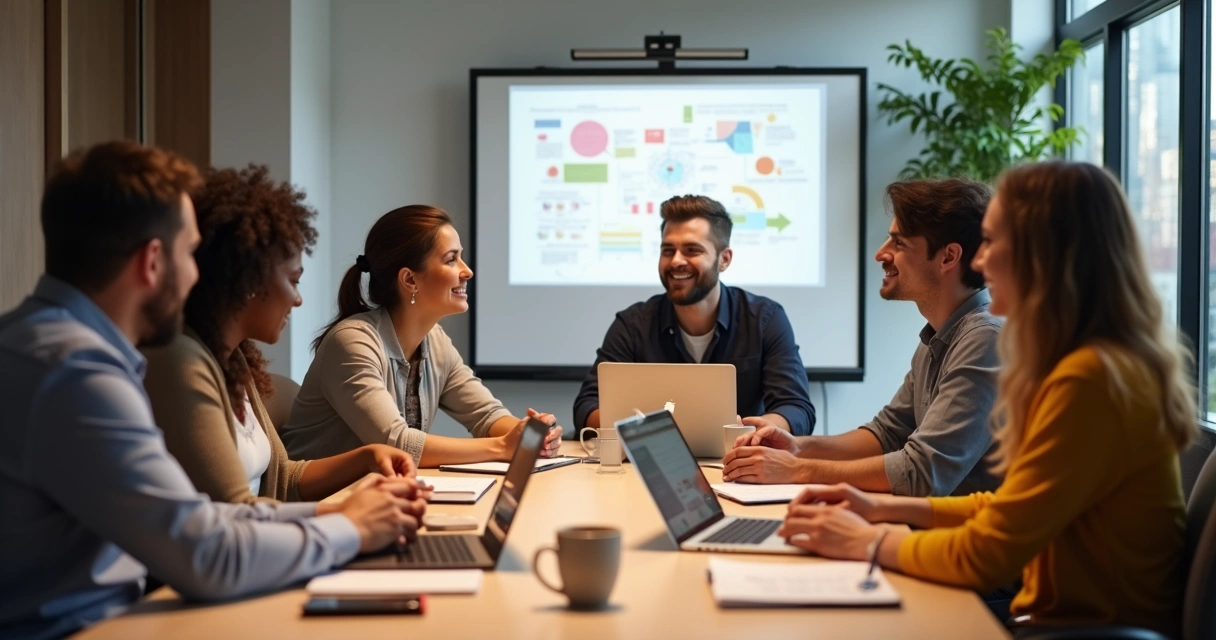 Pessoas diversas conversando sobre carreira em sala de reunião