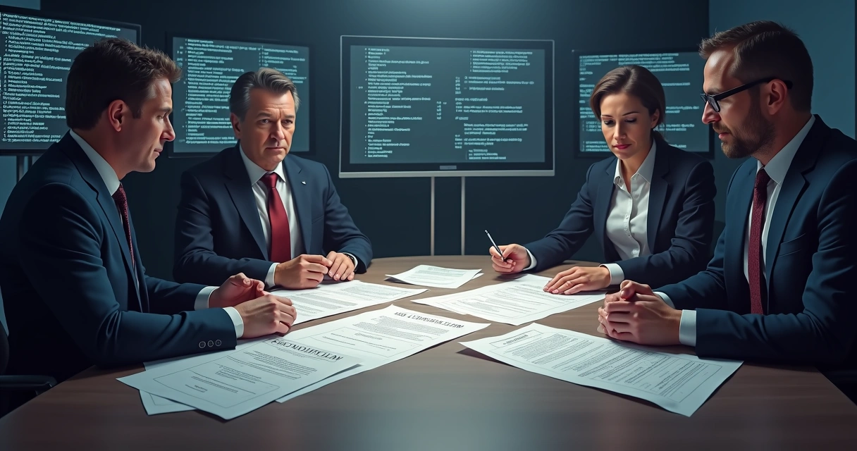 Quatro pessoas em reunião com documentos sigilosos na mesa 