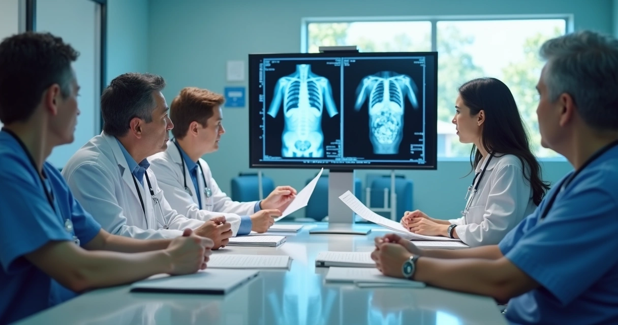 Especialistas em oncologia reunidos ao redor de uma mesa discutindo exames de pacientes 