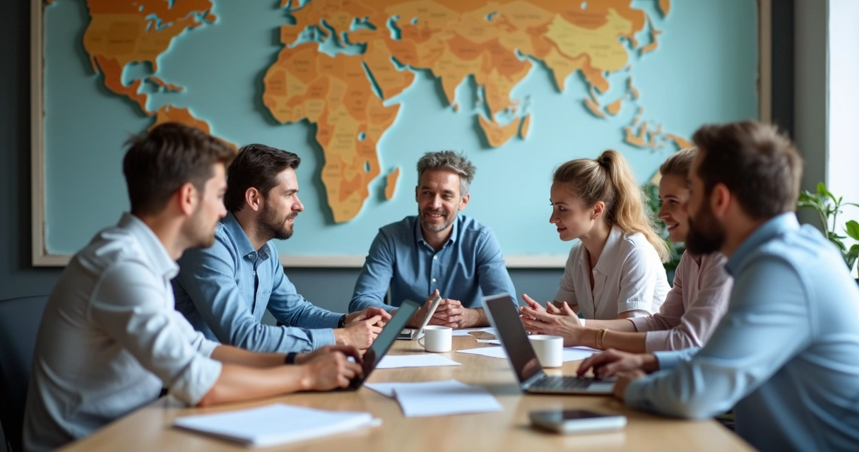 Equipe de agência de viagens em reunião estratégica em sala moderna 