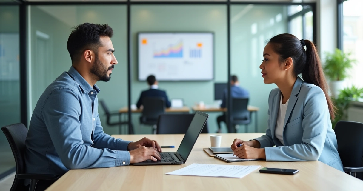 Líder e colaborador em reunião 1:1 em sala de escritório moderna 