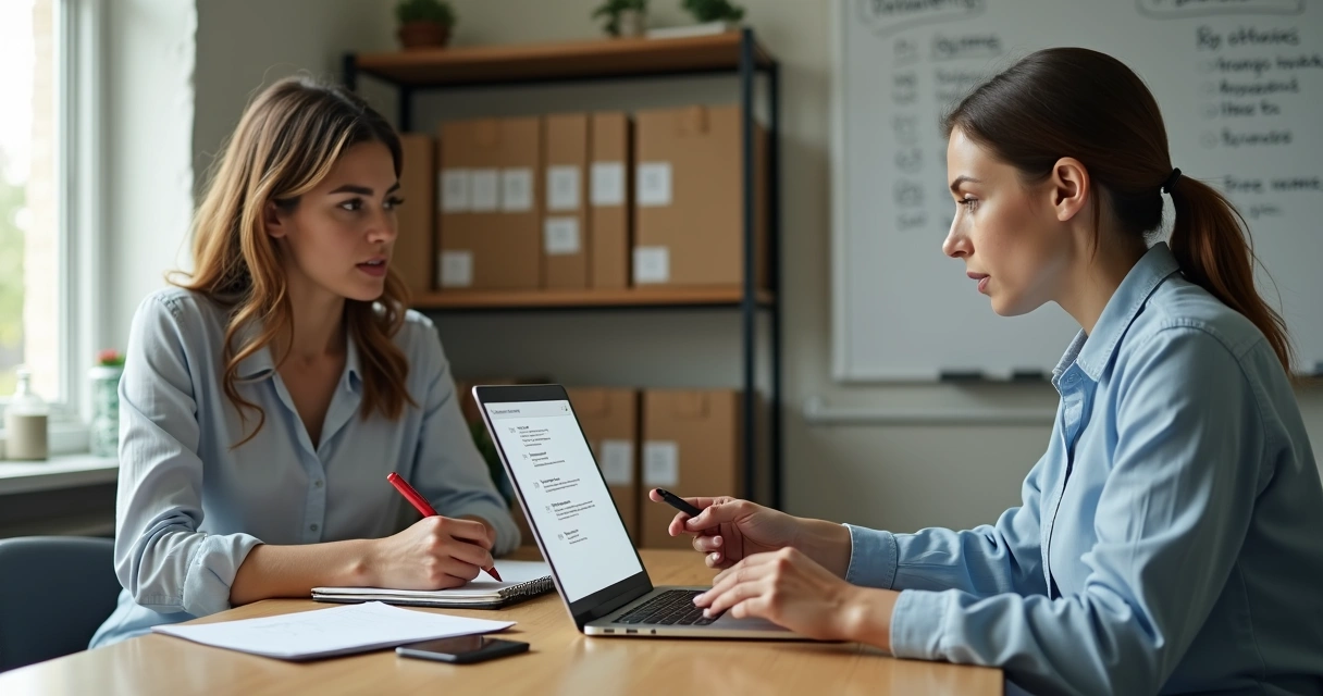 Gestor e funcionária em reunião 1-1 sentados lado a lado em escritório de pequena empresa 