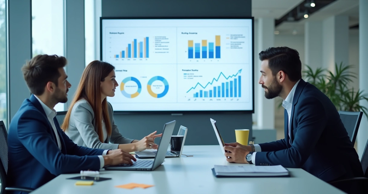 Reunião comercial analisando sinais de upsell em dashboard