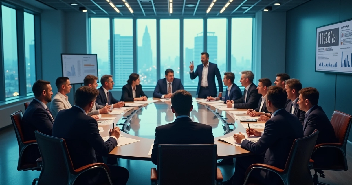 Sala de reunião com líderes decidindo rapidamente, expressão tensa, expressando urgência 