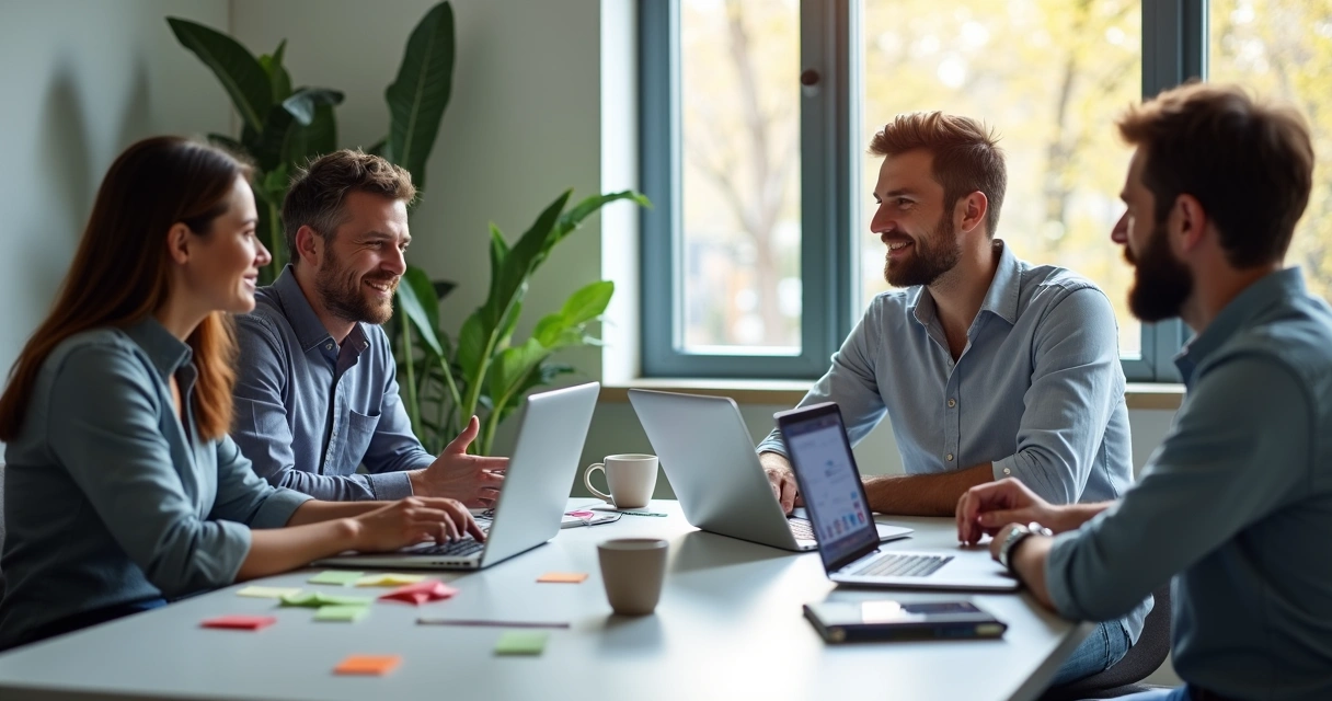 Donos de agência digital em reunião avaliando gráficos de negócios em notebooks 