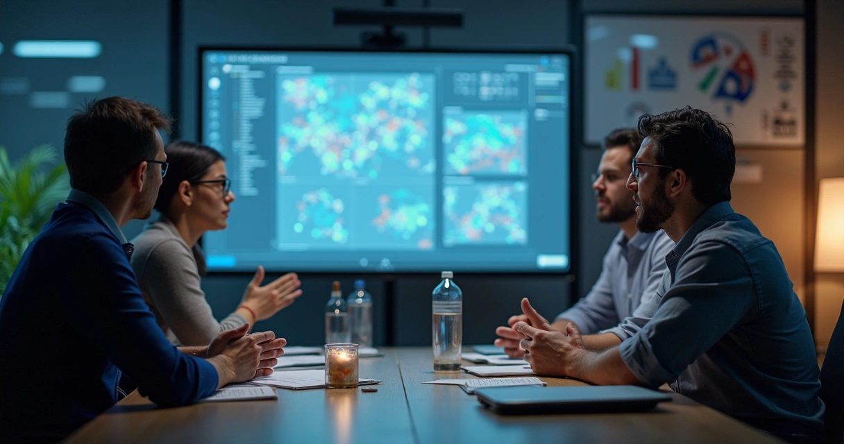 Equipe reunida discutindo diagramas técnicos em tela digital durante reunião 