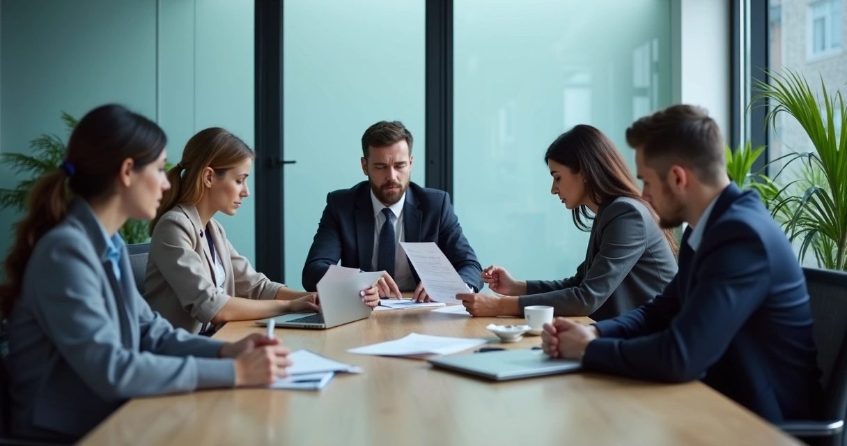 Equipe em reunião com expressão tensa e líder observando documentos