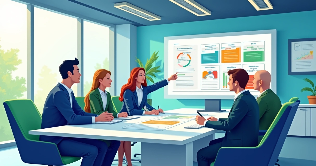 Gestores empresariais analisando matriz de materialidade em reunião