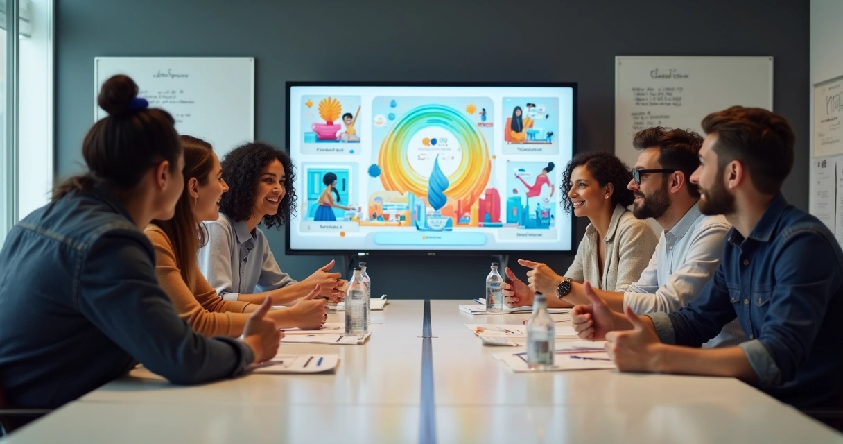 Equipe de agência reunida revisando proposta comercial na tela 