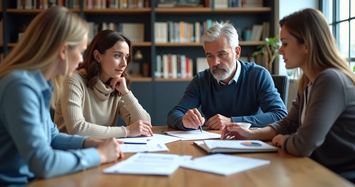 Grupo em reunião avaliando relatos e dados 