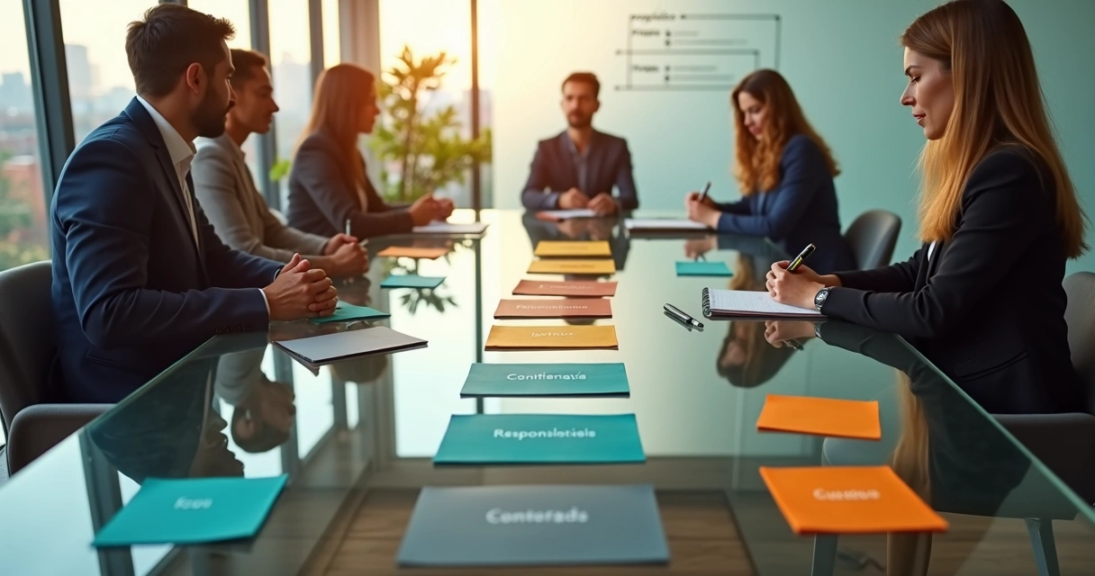 Equipe reunida em mesa de vidro alinhando card com valores coletivos 