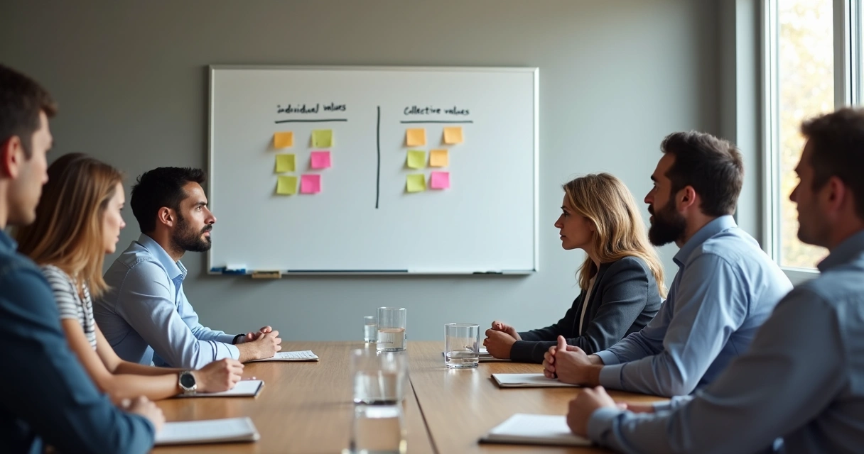 Grupo em reunião discutindo valores e decisões
