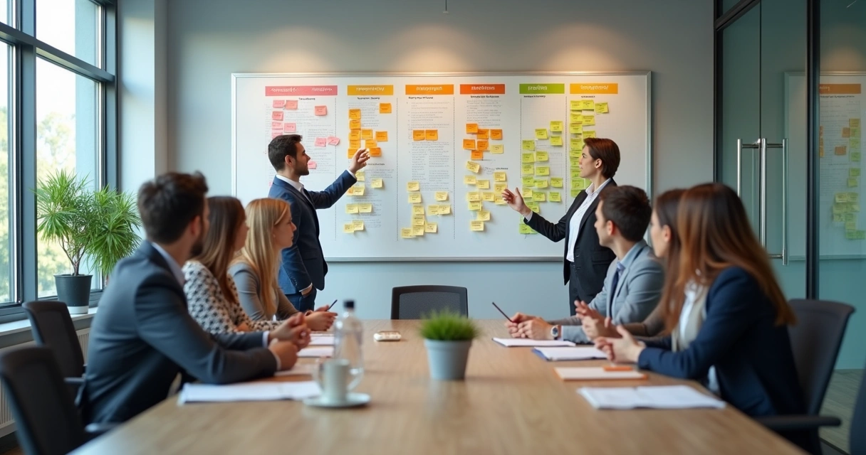 Equipe em reunião mapeando valores em painel