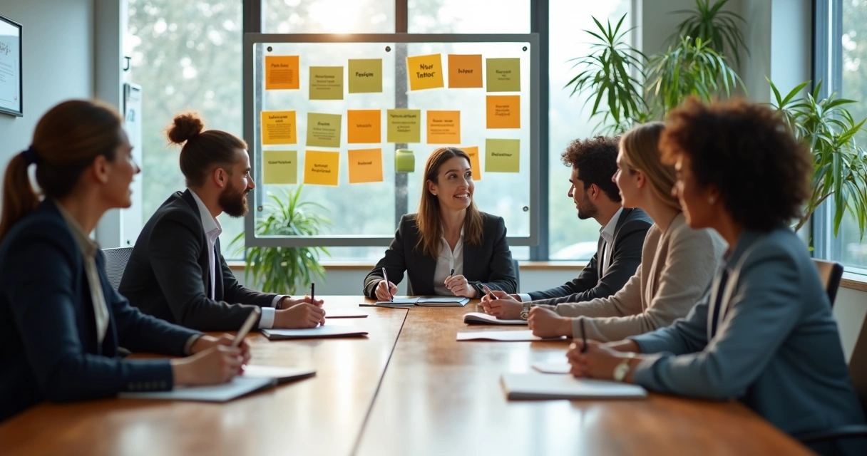 Equipe em reunião definindo valores e práticas culturais